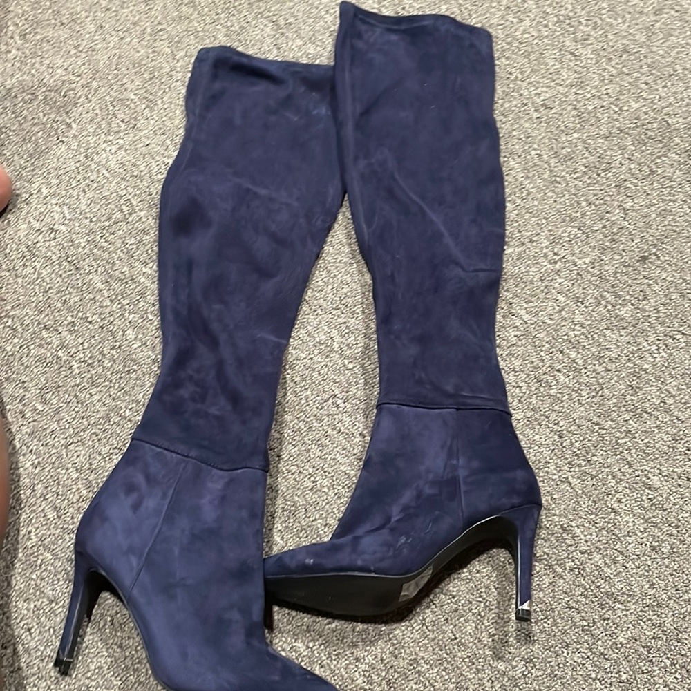 Call it Spring navy blue over the knee suede boot
